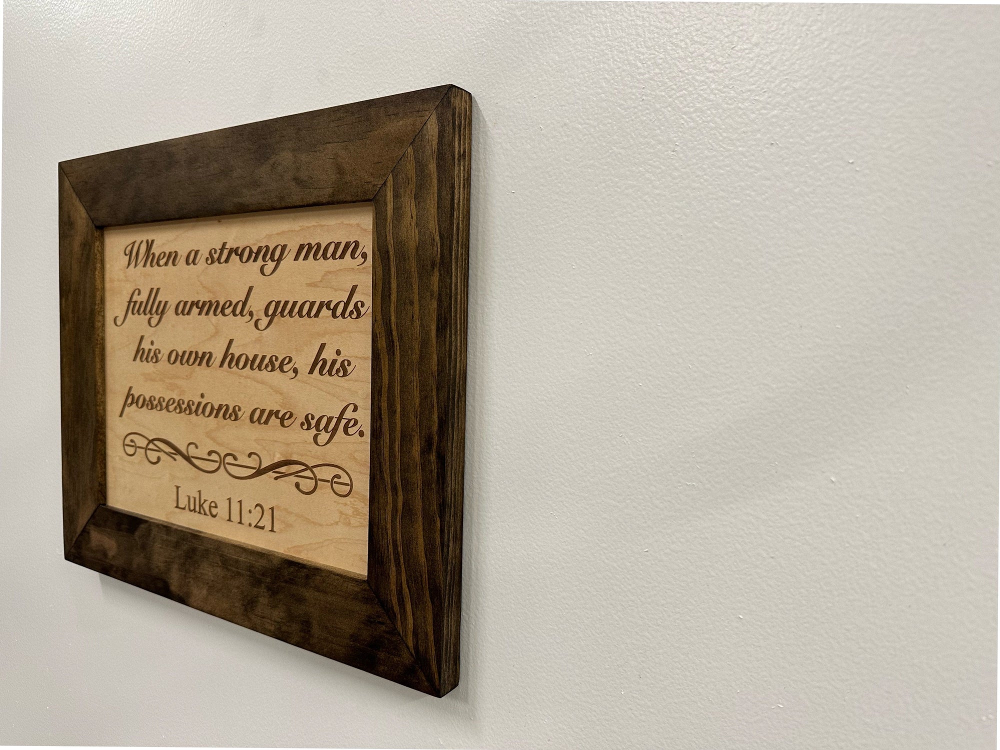 Hidden Gun Safe Recessed In Wall With Luke 11:21 Bible Verse Decoration - Recess In The Wall or Mount On The Wall by Bellewood Designs Armadillo Safe and Vault