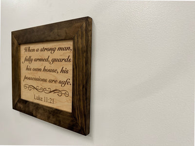 Hidden Gun Safe Recessed In Wall With Luke 11:21 Bible Verse Decoration - Recess In The Wall or Mount On The Wall by Bellewood Designs Armadillo Safe and Vault