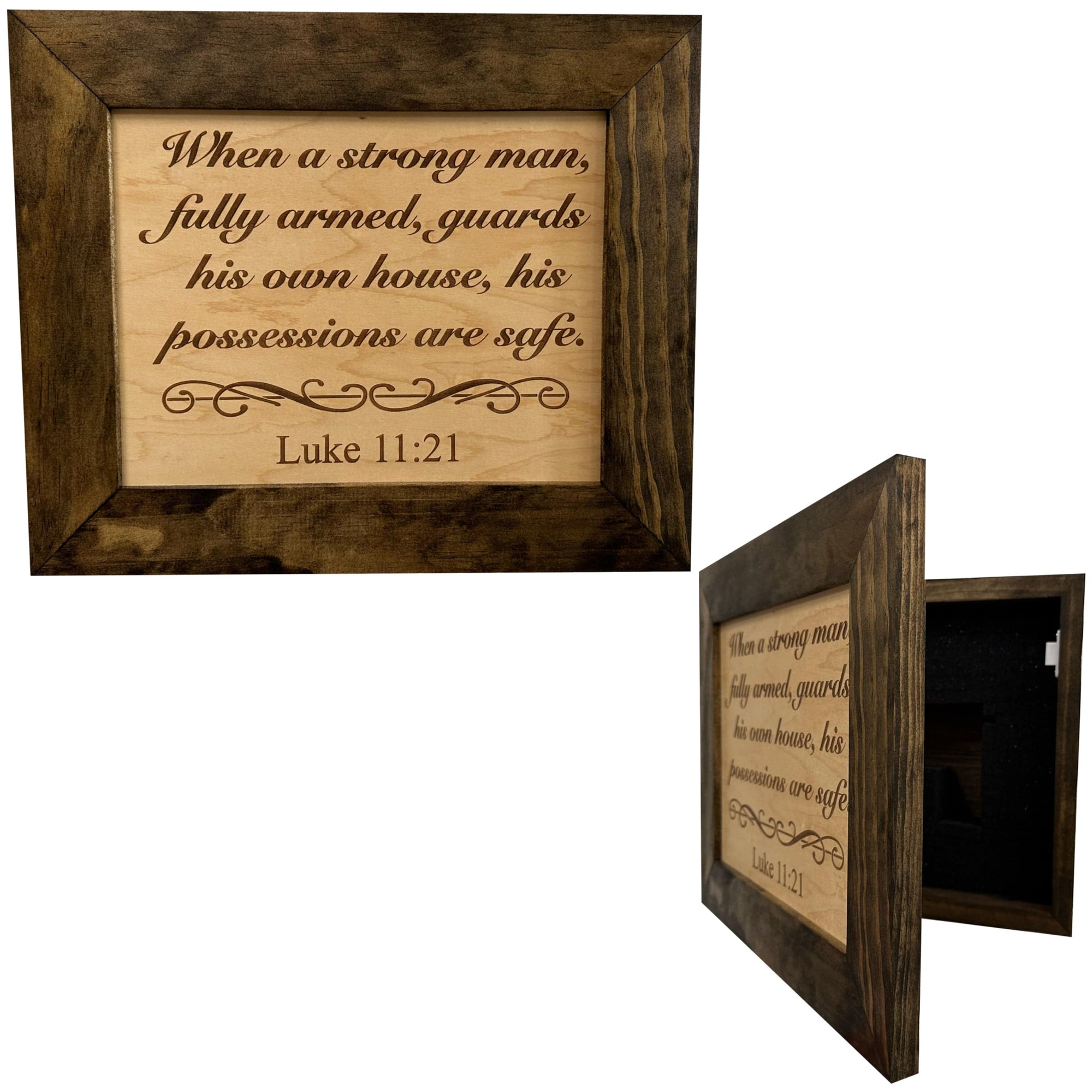 Hidden Gun Safe Recessed In Wall With Luke 11:21 Bible Verse Decoration - Recess In The Wall or Mount On The Wall by Bellewood Designs Armadillo Safe and Vault