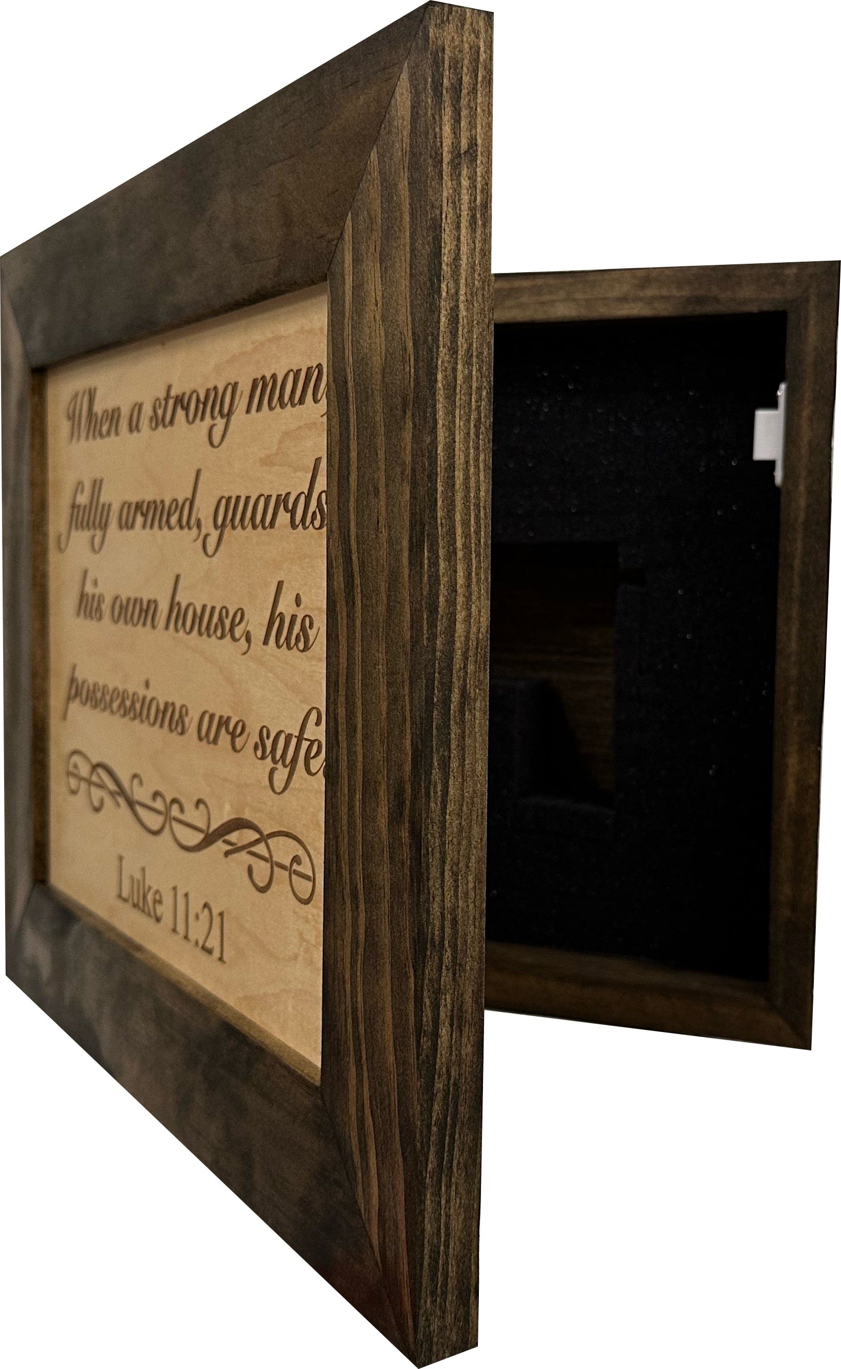 Hidden Gun Safe Recessed In Wall With Luke 11:21 Bible Verse Decoration - Recess In The Wall or Mount On The Wall by Bellewood Designs Armadillo Safe and Vault