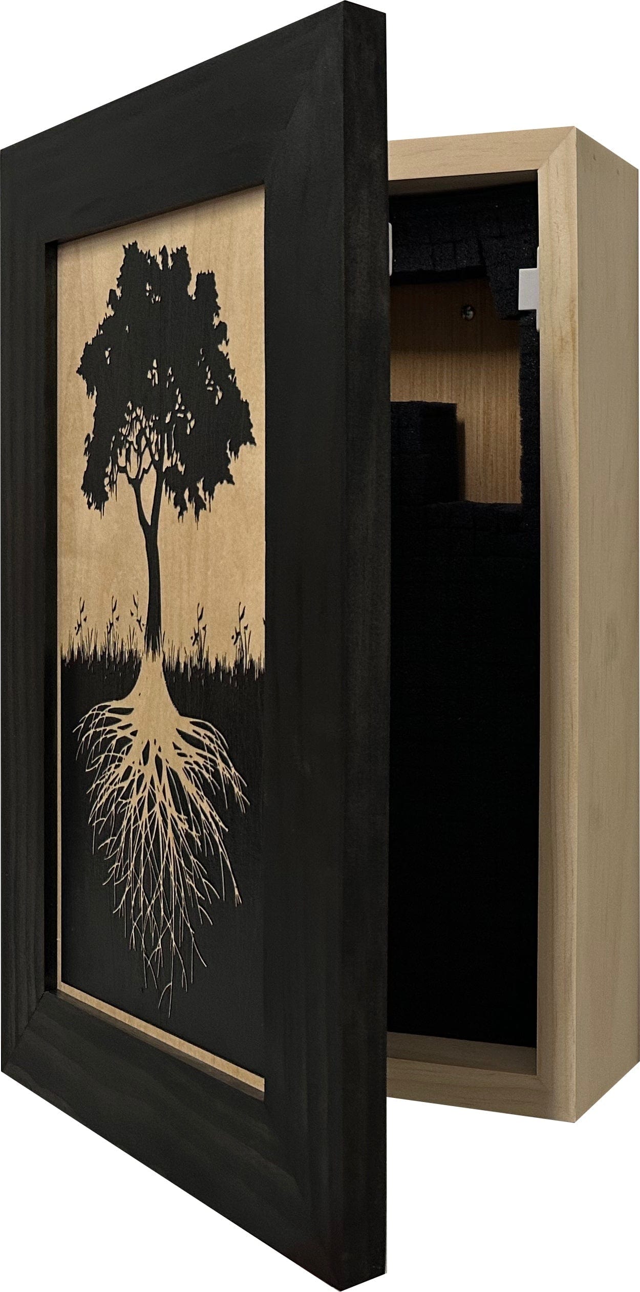 Hidden Gun Storage Tree Roots Silhouette Concealment Shelf Armadillo Safe and Vault