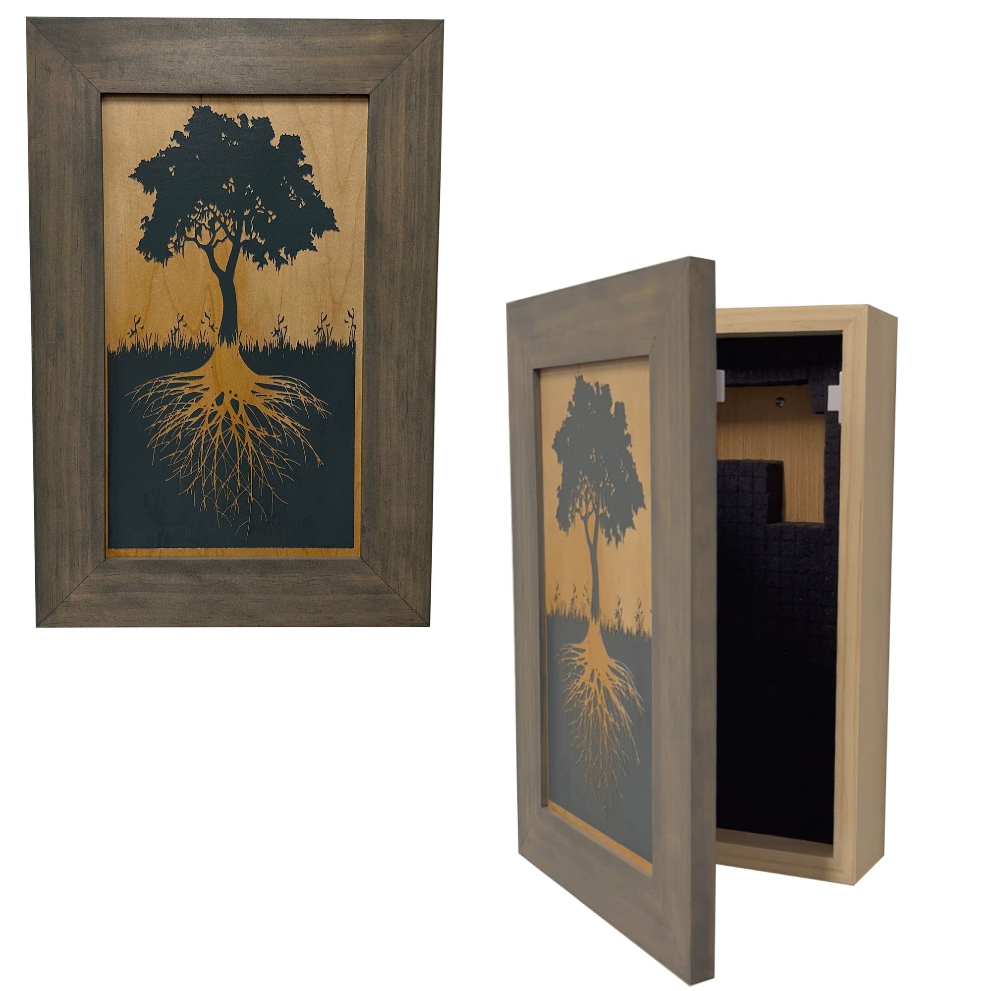 Hidden Gun Storage Tree Roots Silhouette Concealment Shelf Armadillo Safe and Vault