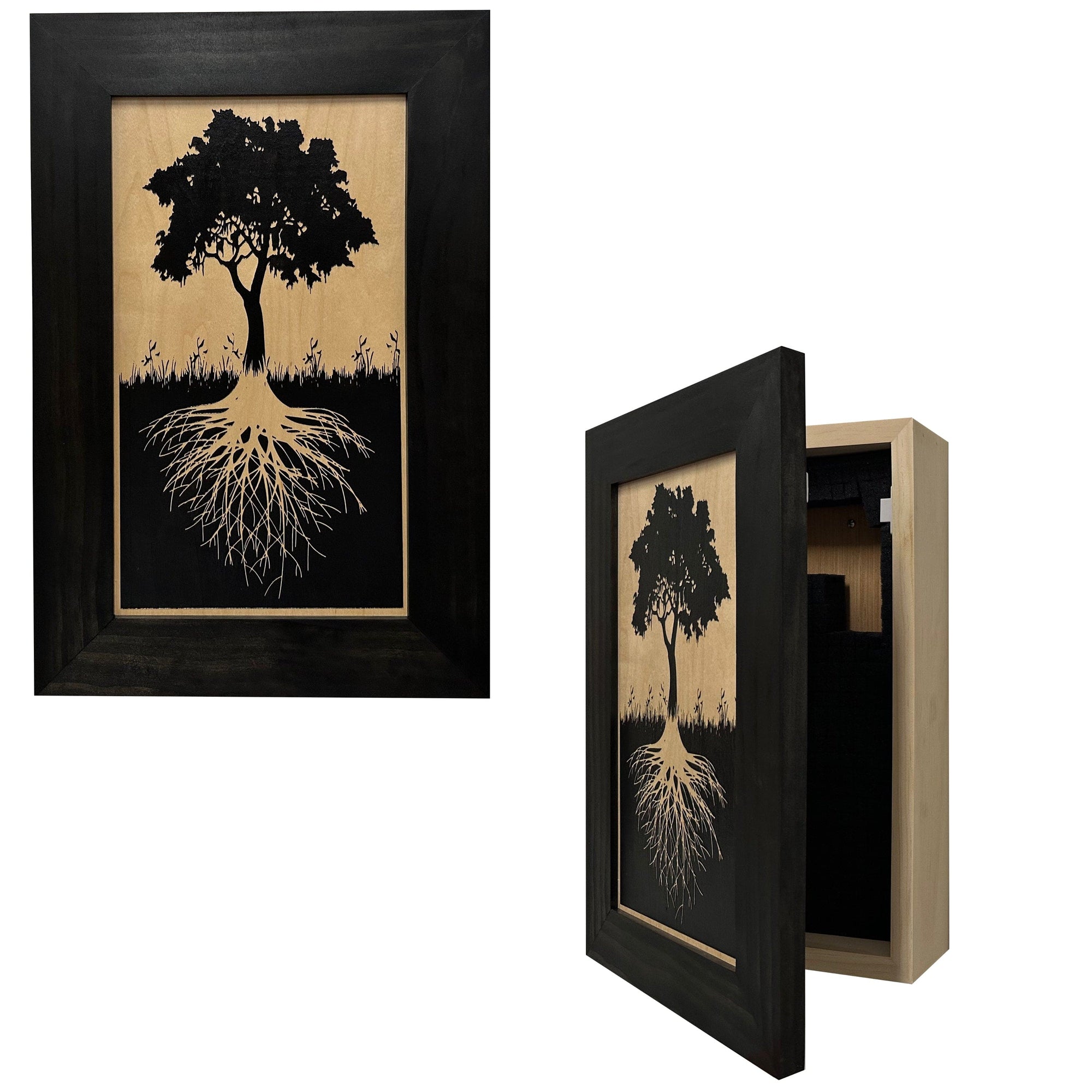 Hidden Gun Storage Tree Roots Silhouette Concealment Shelf Armadillo Safe and Vault