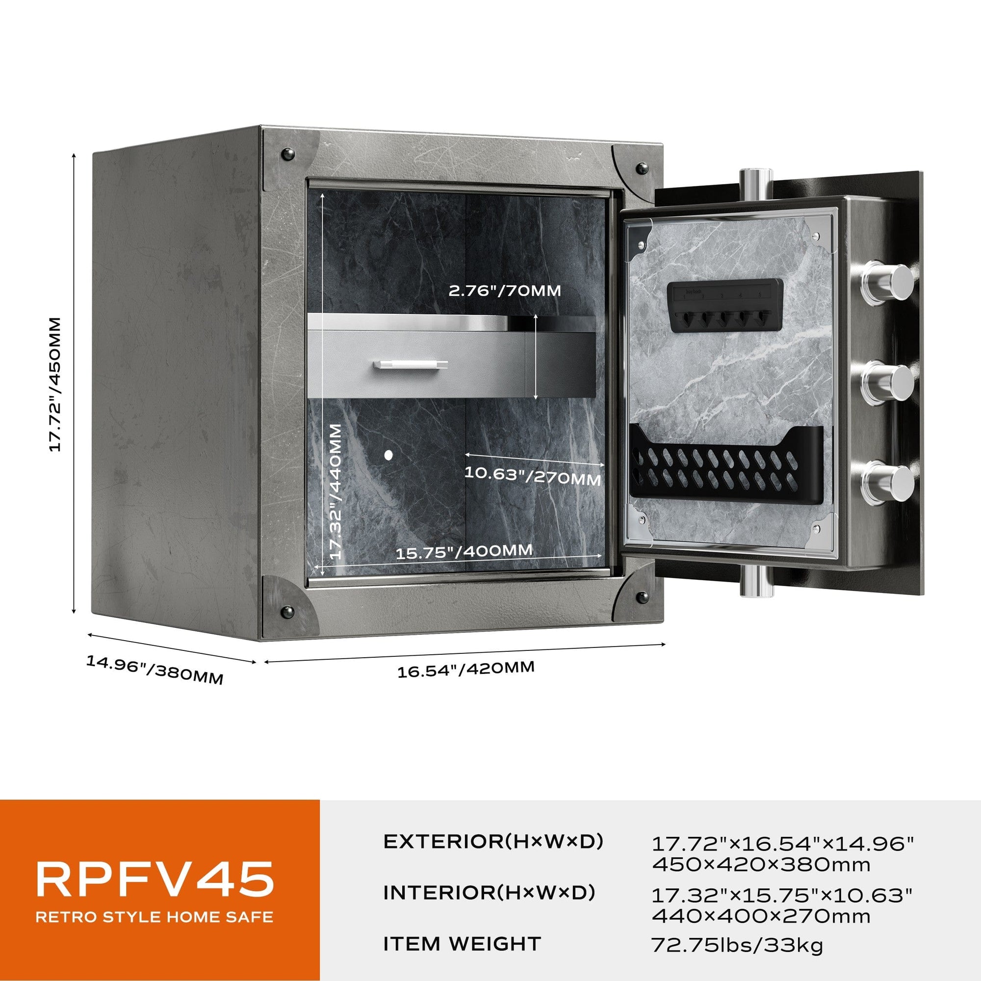 RPNB Large Home RPFV45 Retro Style Biometric Safe Box with Jewelry Drawer Armadillo Safe and Vault