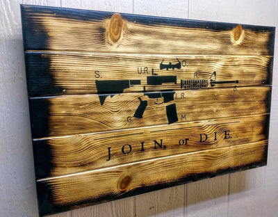 Liberty Home Charred AR-15 "Join or Die" Hidden Gun Storage Sign Armadillo Safe and Vault