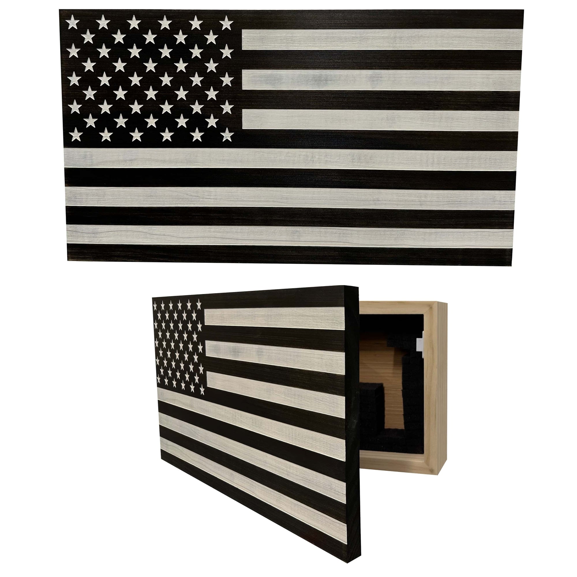 American Flag Decorative & Secure Wall-Mounted Gun Cabinet (Black & White Distressed) Armadillo Safe and Vault