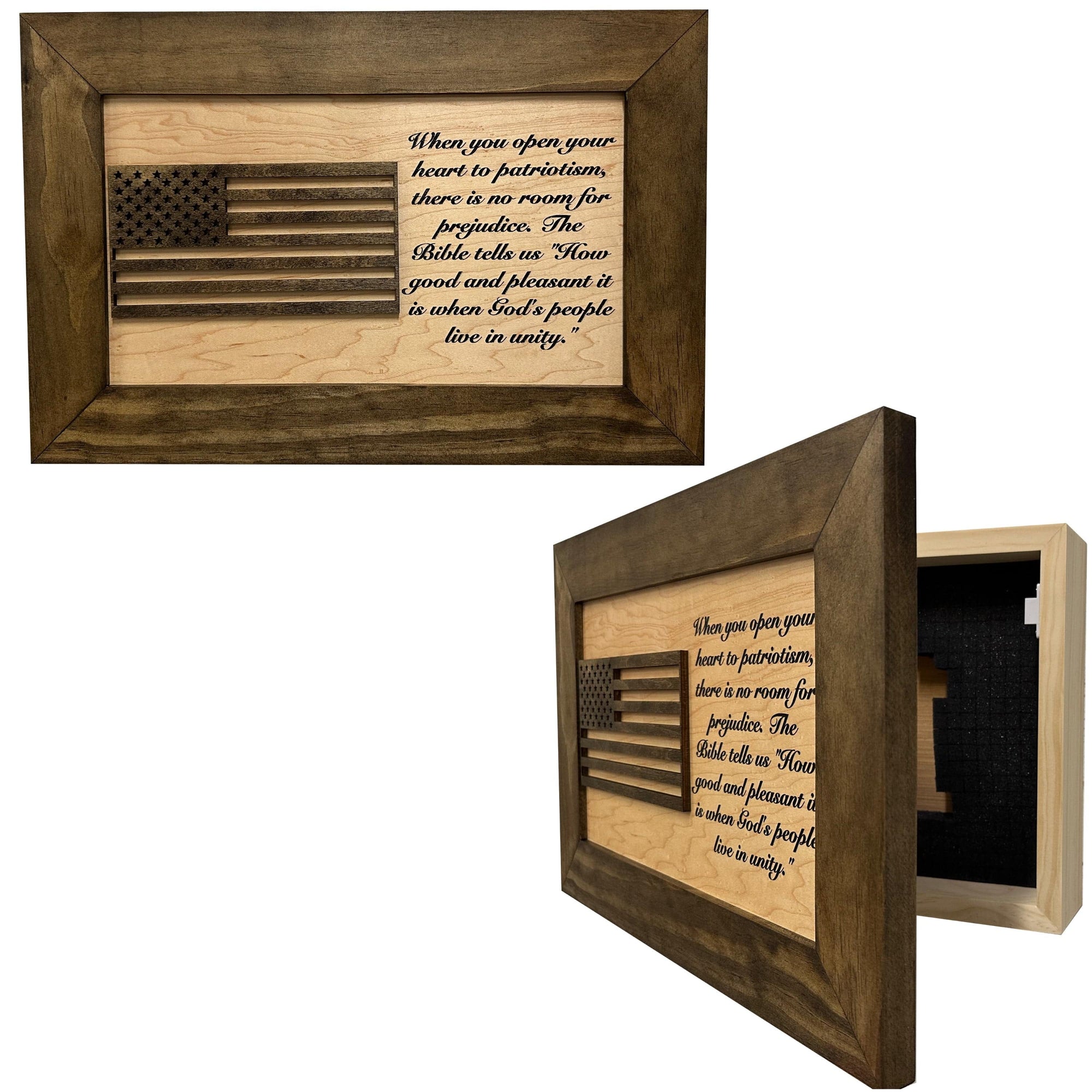 American Flag & Patriotism Decorative & Secure Wall-Mounted Gun Cabinet (Jacobean & Natural) Armadillo Safe and Vault