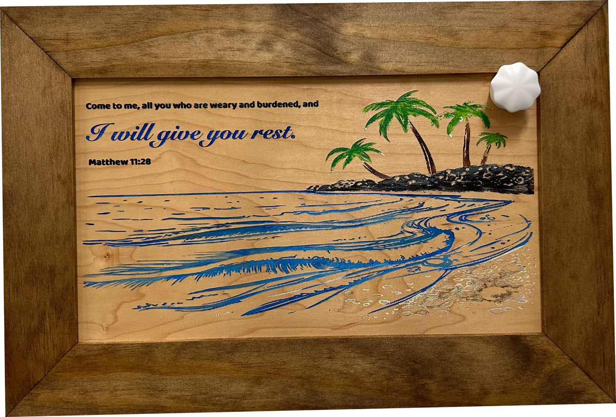 Bible Verse Decorative & Secure Wall-Mounted Gun Cabinet - Matthew 11:28 and Coastal Scene Armadillo Safe and Vault