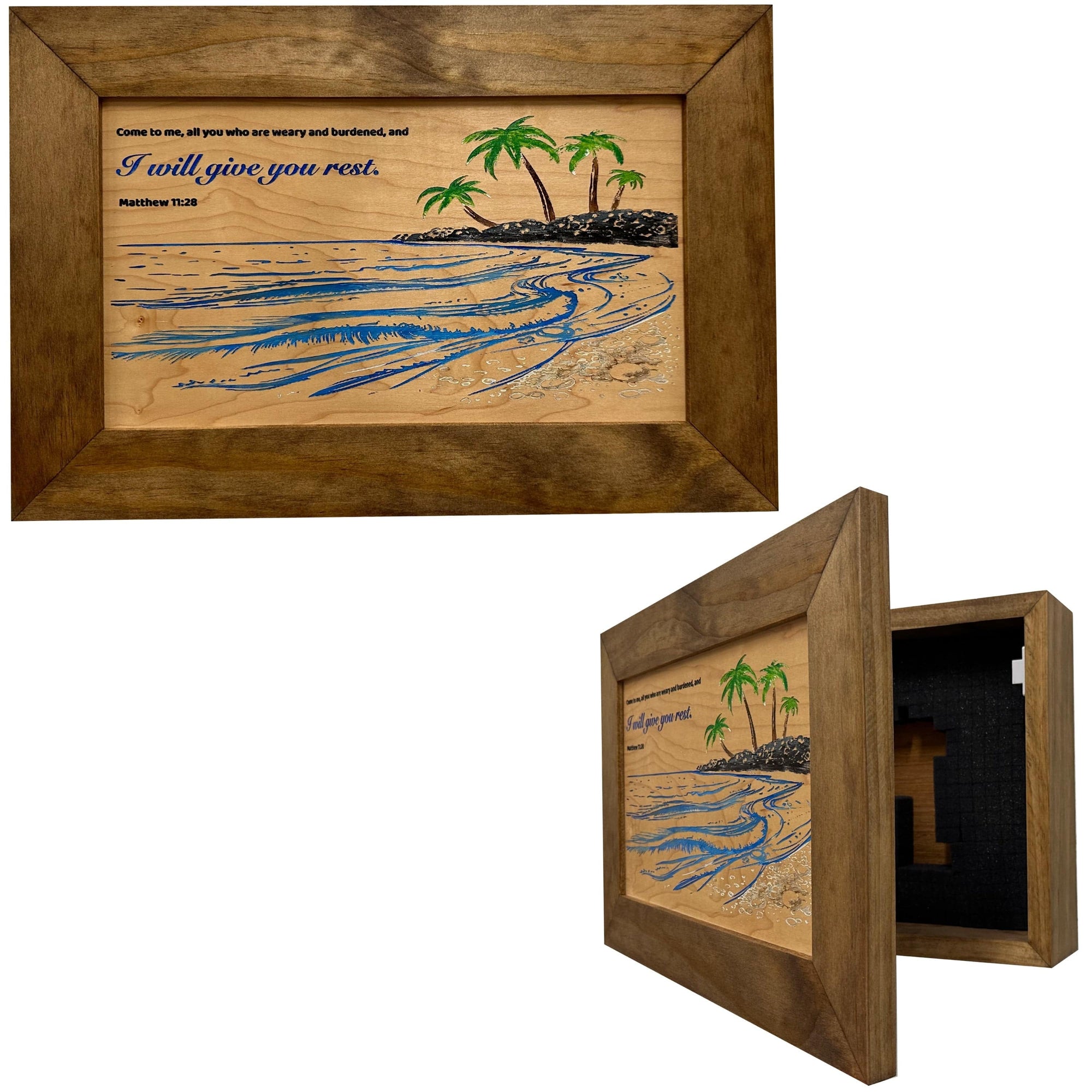 Bible Verse Decorative & Secure Wall-Mounted Gun Cabinet - Matthew 11:28 and Coastal Scene Armadillo Safe and Vault