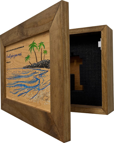 Bible Verse Decorative & Secure Wall-Mounted Gun Cabinet - Matthew 11:28 and Coastal Scene Armadillo Safe and Vault