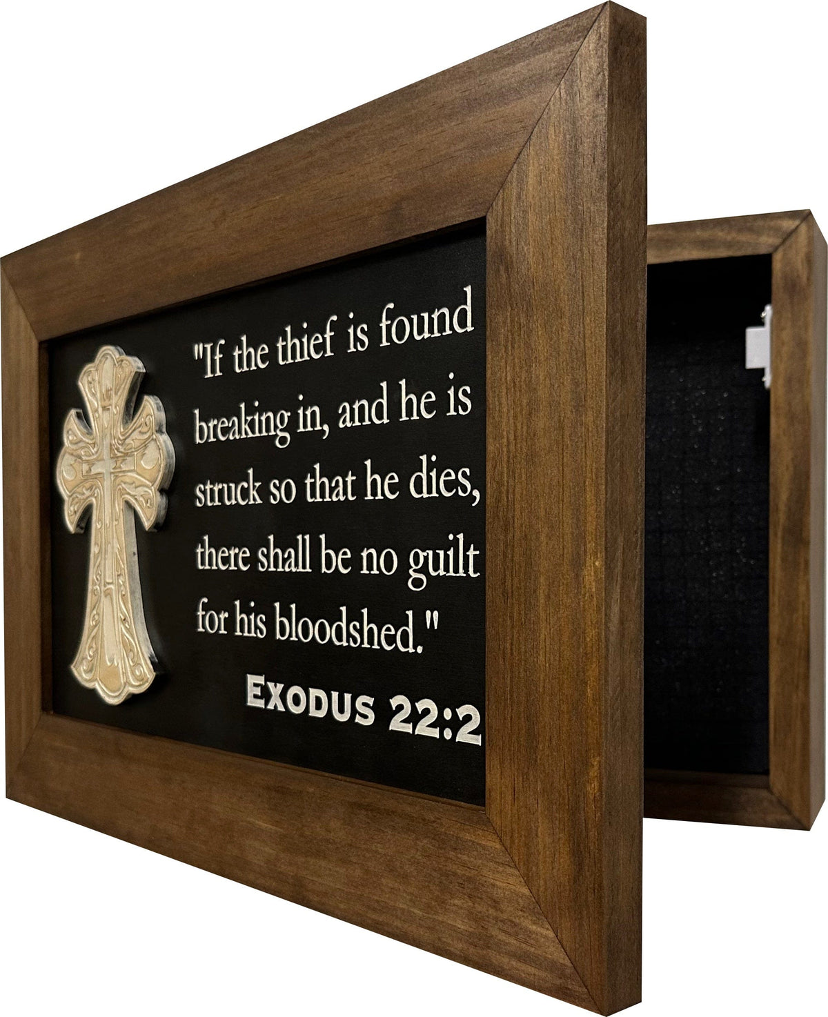 Decorative Gun Cabinet Wall-Mounted & Secure with a Cross and Exodus 22:2 - Gun safe To Securely Store Your Gun & Home Self Defense Gear Armadillo Safe and Vault