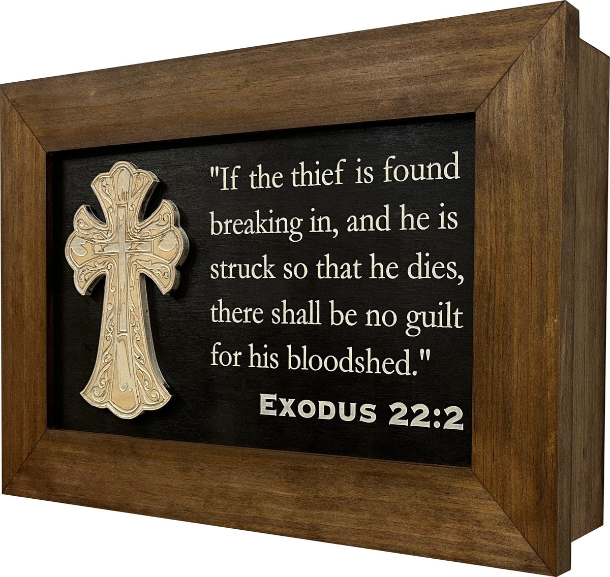 Decorative Gun Cabinet Wall-Mounted & Secure with a Cross and Exodus 22:2 - Gun safe To Securely Store Your Gun & Home Self Defense Gear Armadillo Safe and Vault