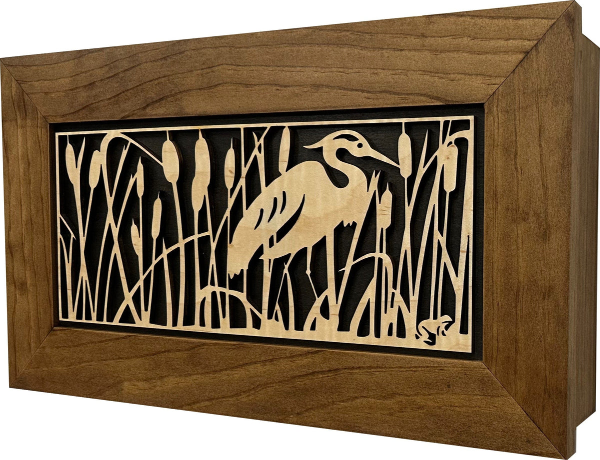 Decorative Gun Safe Heron in Cattails Wall-Mounted Gun Cabinet To Securely Store Your Gun In Plain Sight Armadillo Safe and Vault