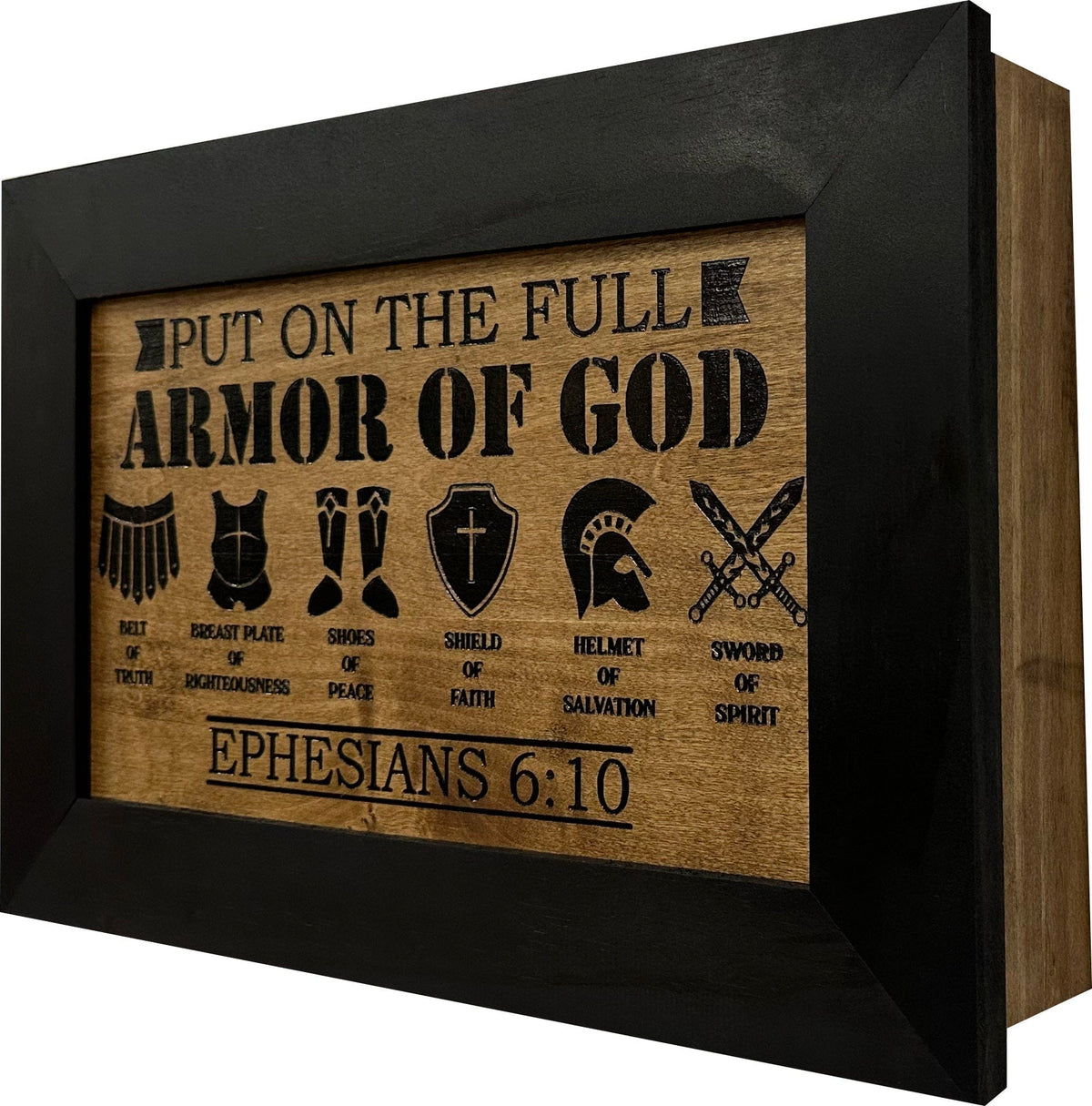 Hidden Gun Cabinet Put On The Full Armor Of God, Secure Concealed Ephesians 6:10 Gun Safe by Bellewood Designs Armadillo Safe and Vault