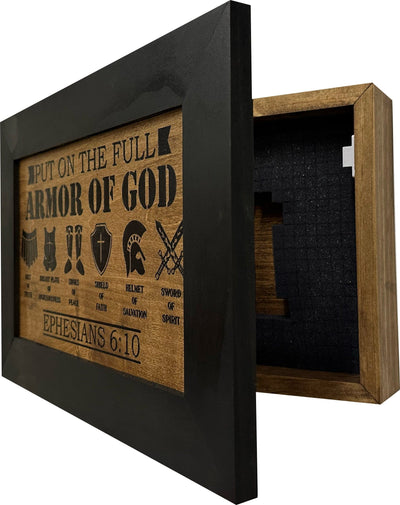 Hidden Gun Cabinet Put On The Full Armor Of God, Secure Concealed Ephesians 6:10 Gun Safe by Bellewood Designs Armadillo Safe and Vault