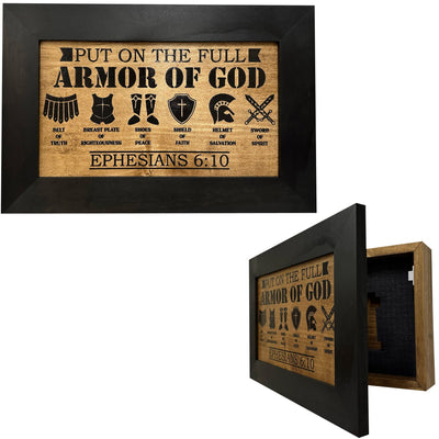 Hidden Gun Cabinet Put On The Full Armor Of God, Secure Concealed Ephesians 6:10 Gun Safe by Bellewood Designs Armadillo Safe and Vault