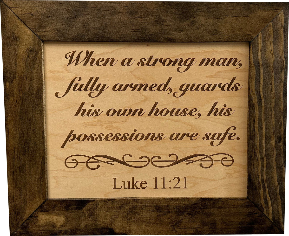 Hidden Gun Safe Recessed In Wall With Luke 11:21 Bible Verse Decoration - Recess In The Wall or Mount On The Wall by Bellewood Designs Armadillo Safe and Vault