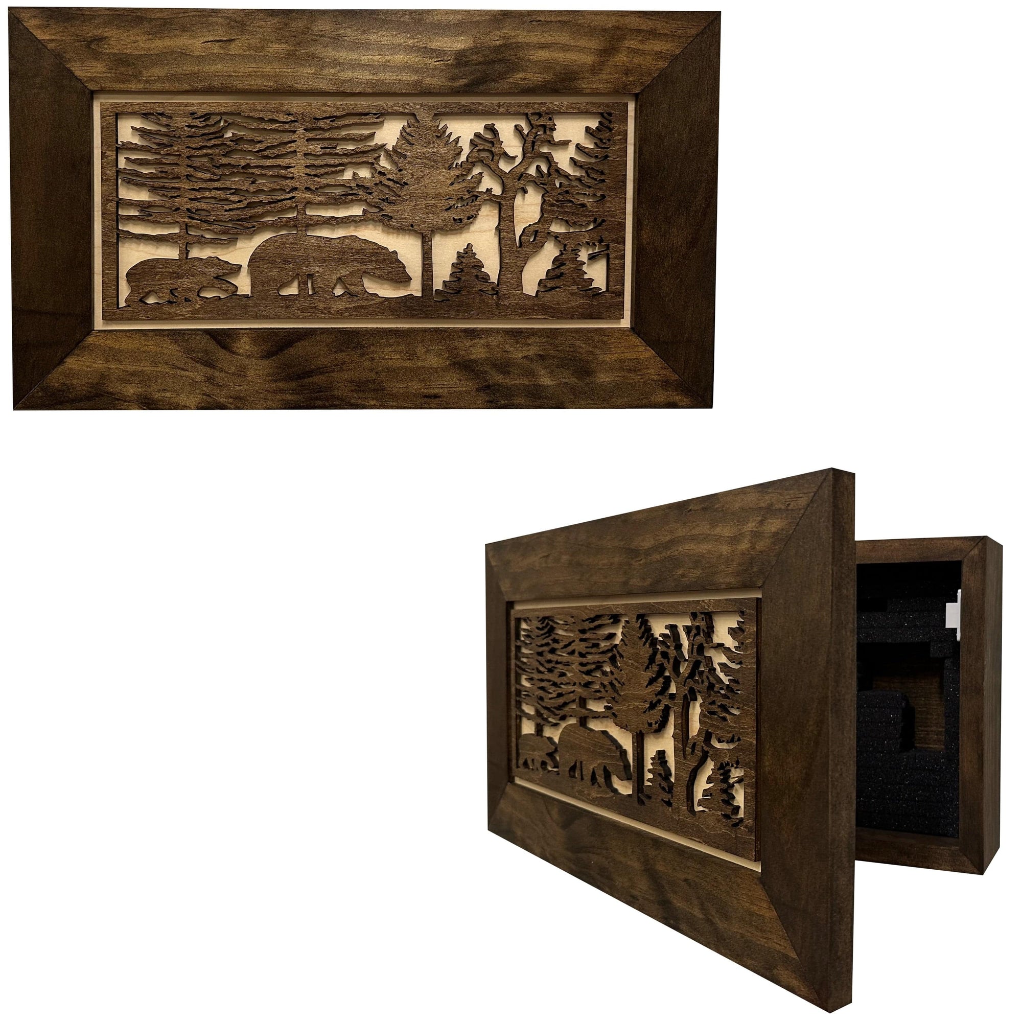Wood Gun Cabinet Bears In The Woods Wall Decoration - Hidden Gun Safe To Securely Store Your Gun In Plain Sigh Armadillo Safe and Vault
