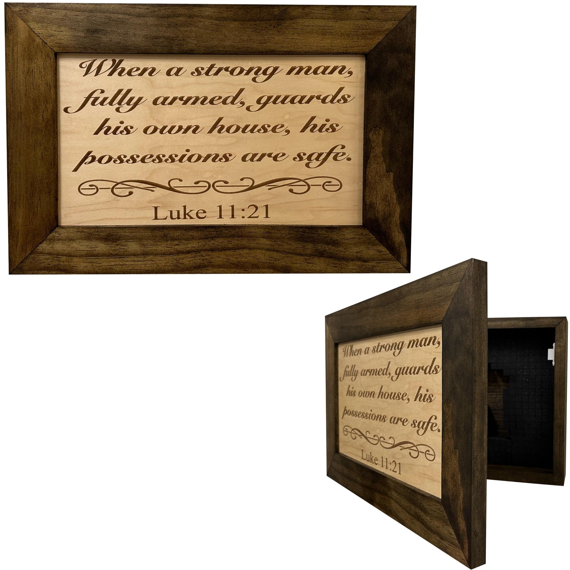 Wood Gun Cabinet Bible Verse Luke 11:21 Wall Decoration - Hidden Gun Safe To Securely Store Your Gun In Plain Sight by Bellewood Designs Armadillo Safe and Vault