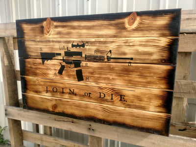 Liberty Home Charred AR-15 "Join or Die" Hidden Gun Storage Sign Armadillo Safe and Vault